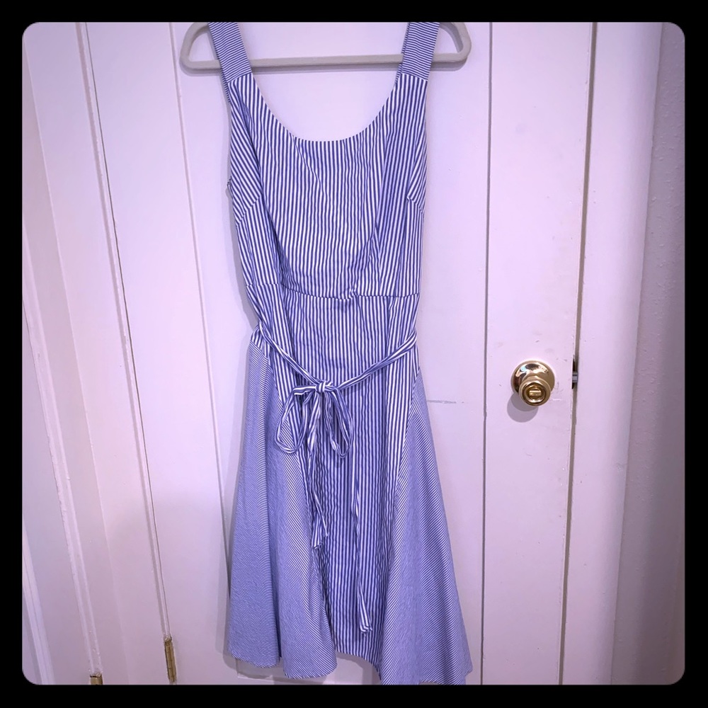 A white and blue striped belted sundress! Breezy!